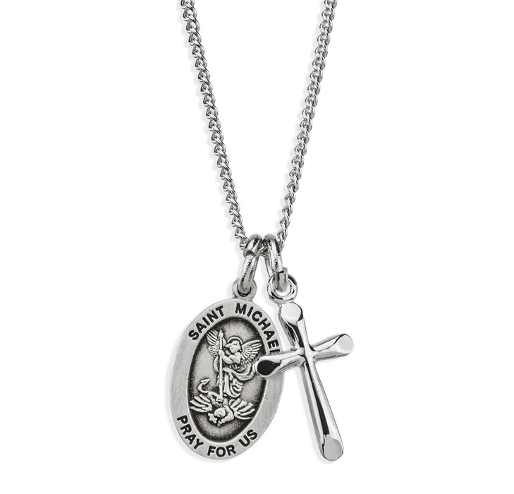 Sterling Silver Small St. Michael Medal and Small Cross - S4522372718