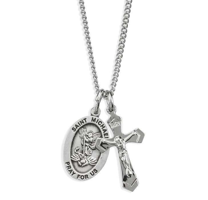 Sterling Silver Small St. Michael Medal and Small Crucifix - S4522387218