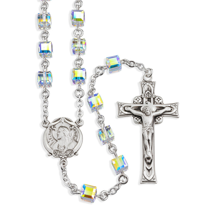 Sterling Silver Rosary handmade with finest Austrian Crystal 6mm Aurora Borealis Faceted Cube Shape Beads by HMH - S500