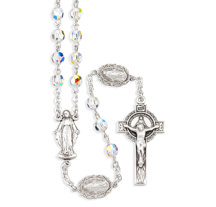 Sterling Silver Rosary Hand Made with finest Austrian Crystal 6mm Aurora Borealis Faceted Round Beads by HMH - S560CRMIR