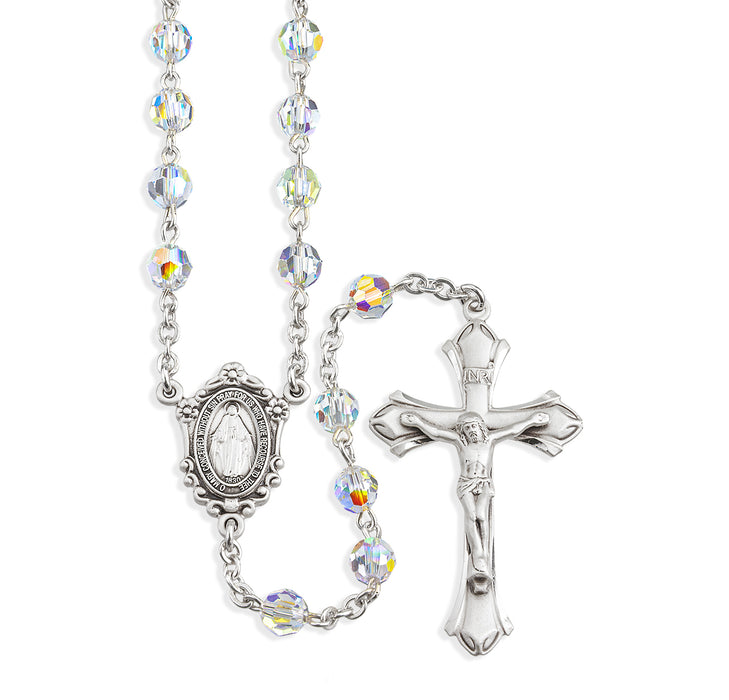 Sterling Silver Rosary Hand Made with finest Austrian Crystal 6mm Aurora Borealis Faceted Round Beads by HMH - S560CR