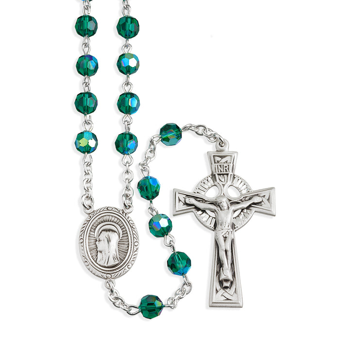 Sterling Silver Rosary Hand Made with finest Austrian Emerald Crystal 6mm Faceted Round Beads by HMH - S560EM