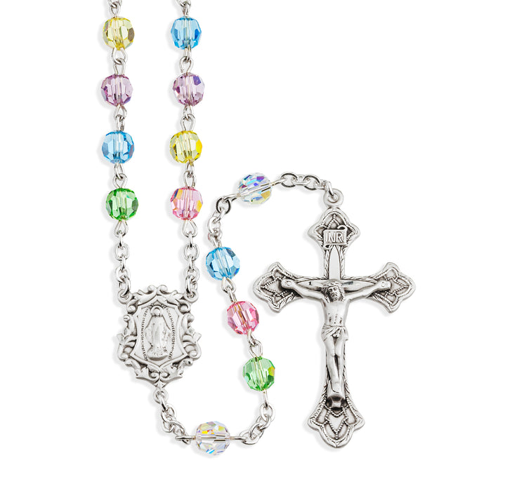 Sterling Silver Rosary Hand Made with finest Austrian Crystal 6mm Multi-Color Faceted Round Beads by HMH - S560ML