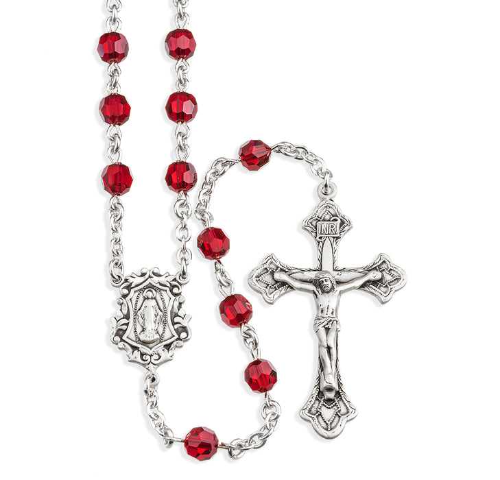 Sterling Silver Rosary Hand Made with finest Austrian Crystal 6mm Ruby Faceted Round Beads by HMH - S560RB