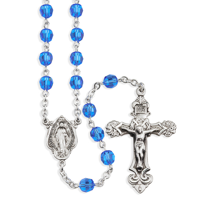 Sterling Silver Rosary Hand Made with finest Austrian Crystal 6mm Sapphire Faceted Round Beads by HMH - S560SP