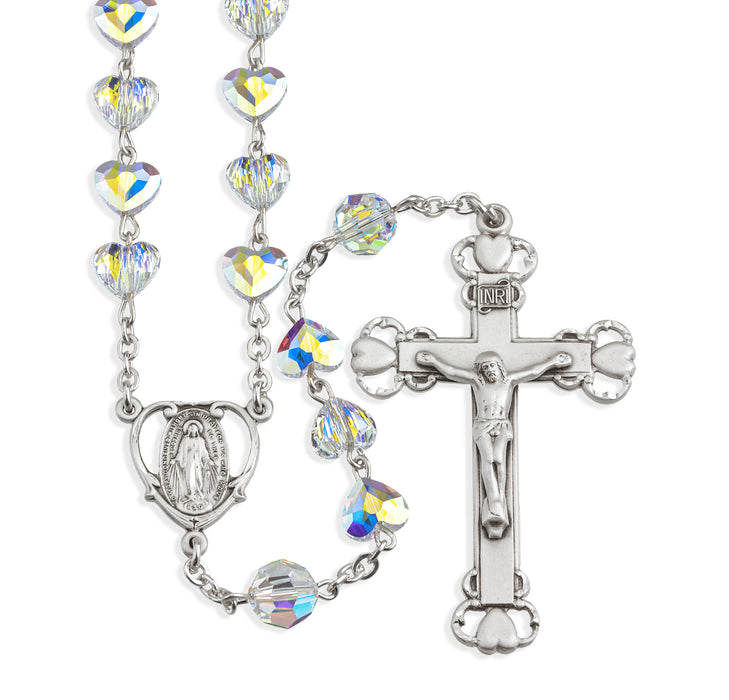 Sterling Silver Rosary Hand Made with finest Austrian Crystal 8mm Aurora Borealis Heart Shape Beads by HMH - S5741CR