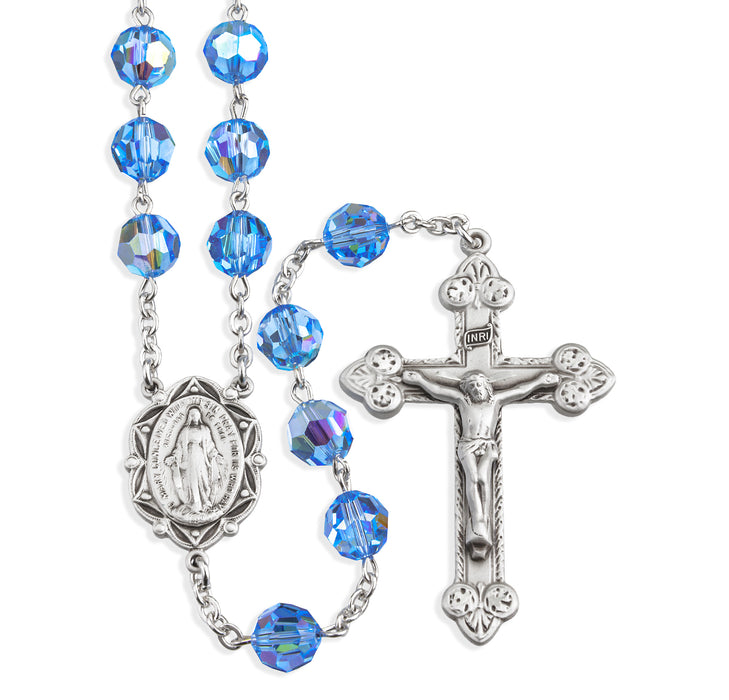 Sterling Silver Rosary Hand Made with finest Austrian Crystal 8mm Light Sapphire Beads by HMH - S580LS