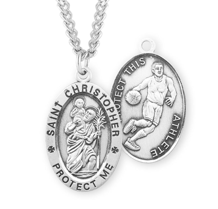 Saint Christopher Oval Sterling Silver Basketball Male Athlete Medal - S601424