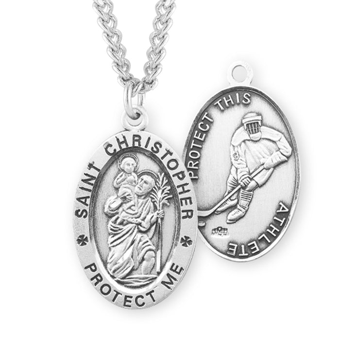 Saint Christopher Oval Sterling Silver Hockey Male Athlete Medal - S601524