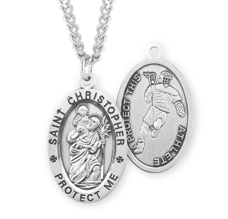 Saint Christopher Oval Sterling Silver Lacrosse Male Athlete Medal - S602024