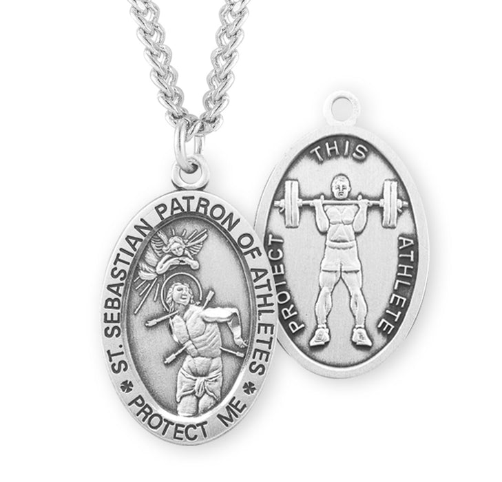 Saint Sebastian Oval Sterling Silver weightlifting Male Athlete Medal - S605224