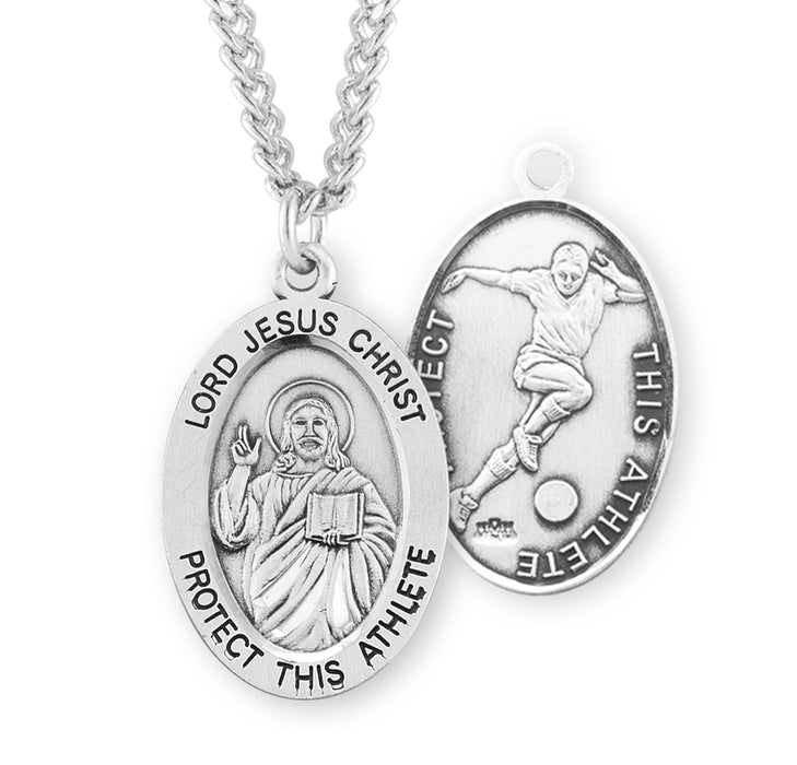Lord Jesus Christ Oval Sterling Silver Soccer Male Athlete Medal - S607324