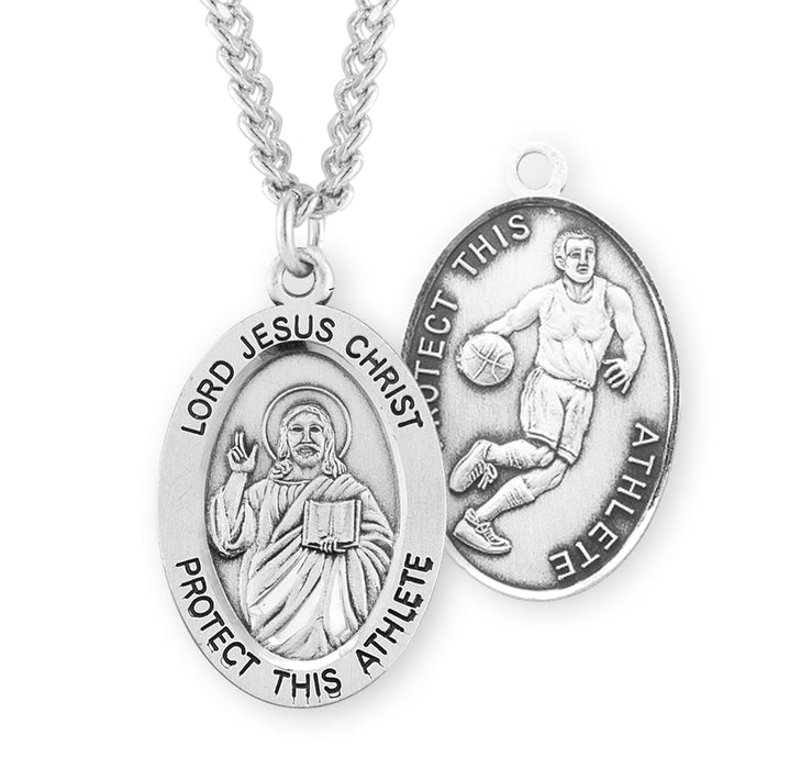 Lord Jesus Christ Oval Sterling Silver Basketball Male Athlete Medal - S607424