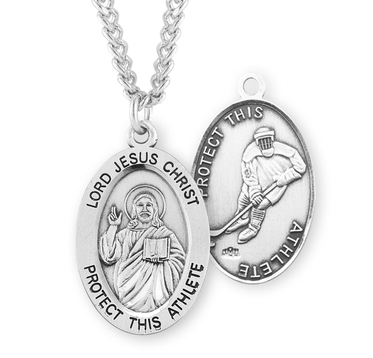 Lord Jesus Christ Oval Sterling Silver Hockey Male Athlete Medal - S607524