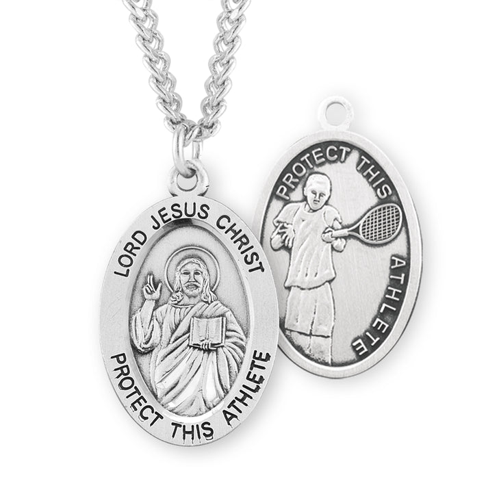 Lord Jesus Christ Oval Sterling Silver Tennis Male Athlete Medal - S607724