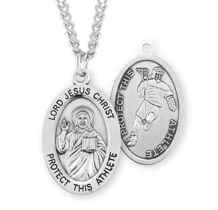 Lord Jesus Christ Oval Sterling Silver Lacrosse Male Athlete Medal - S608024