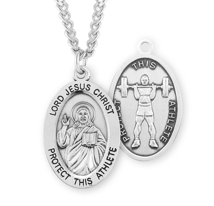 Lord Jesus Christ Oval Sterling Silver weightlifting Male Athlete Medal - S608224