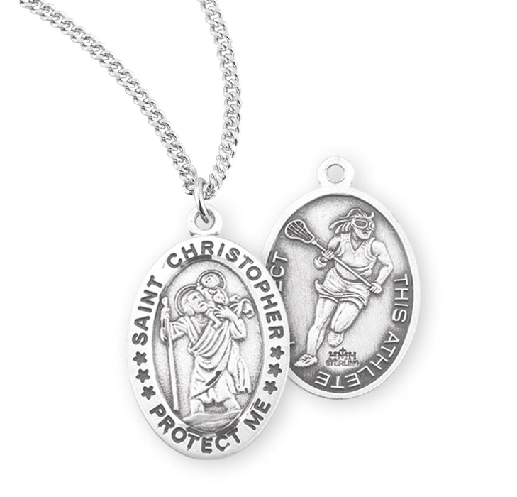 Saint Christopher Oval Sterling Silver Female Lacrosse Athlete Medal - S802018