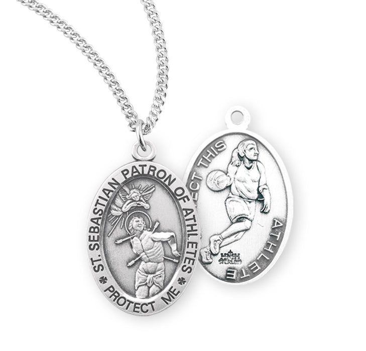 Saint Sebastian Oval Sterling Silver Female Basketball Athlete Medal - S804418