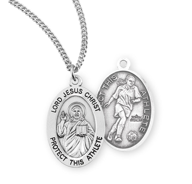 Lord Jesus Christ Oval Sterling Silver Female Soccer Athlete Medal - S807318
