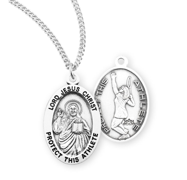 Lord Jesus Christ Oval Sterling Silver Female Tennis Athlete Medal - S807718