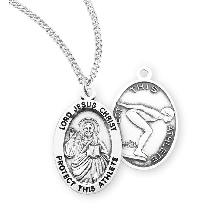 Lord Jesus Christ Oval Sterling Silver Female Swimming Athlete Medal - S807918
