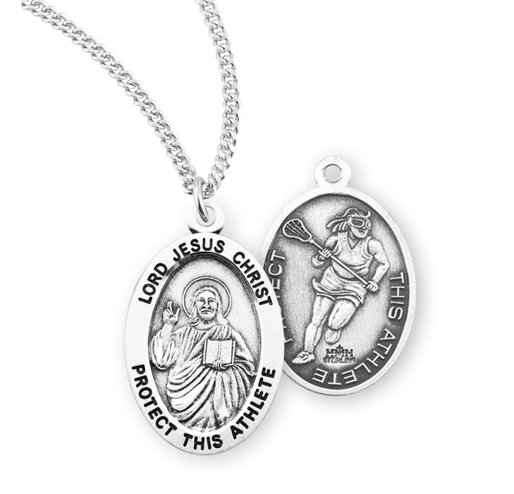Lord Jesus Christ Oval Sterling Silver Female Lacrosse Athlete Medal - S808018