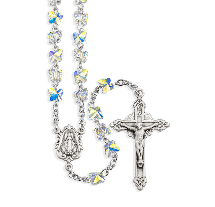 Sterling Silver Rosary Hand Made with 6mm finest Austrian Crystal 6mm Aurora Borealis Butterfly Beads by HMH - S8301CR