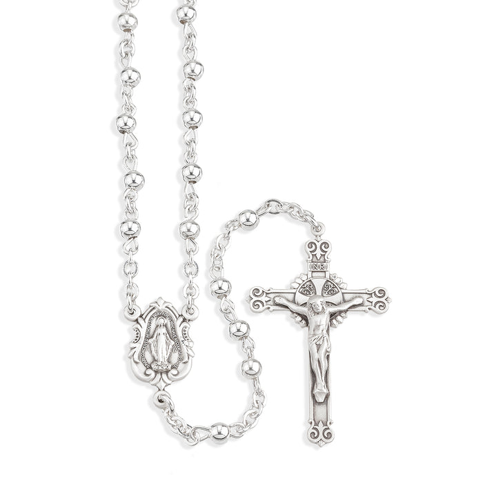 4mm High Polished Sterling Round Beads and Miraculous Medal Center - S840