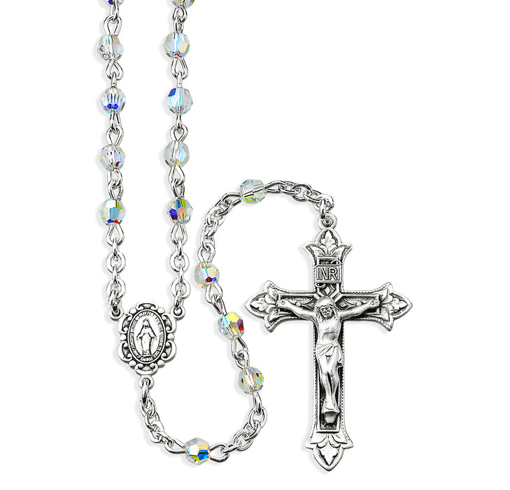 Sterling Silver Rosary Hand Made with finest Austrian Crystal 4mm Aurora Borealis Faceted Beads by HMH - S854CR