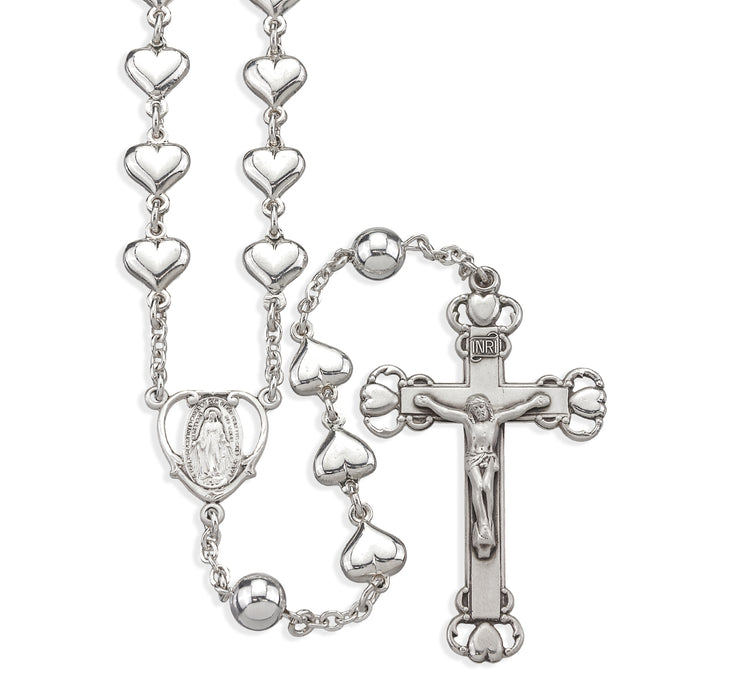 Sterling Silver Solid Heart Shape Rosary with 8mm Round Sterling Silver Bead Rosary - S889