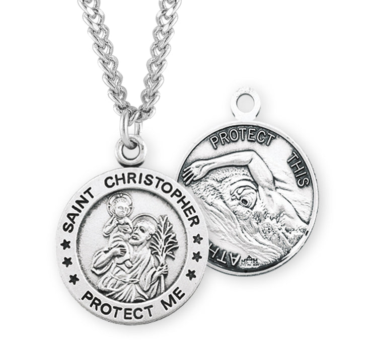 Saint Christopher Round Sterling Silver Swimming Male Athlete Medal - S901924