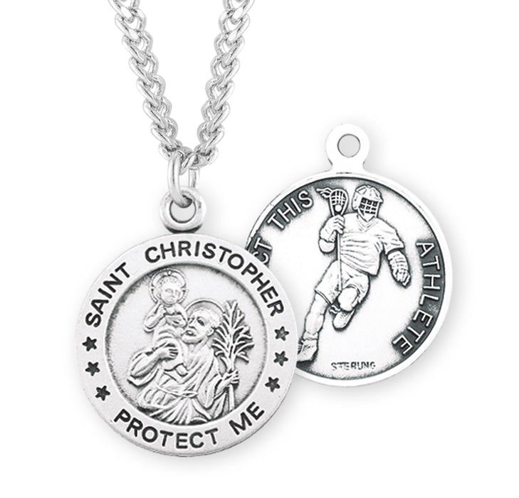 Saint Christopher Round Sterling Silver Lacrosse Male Athlete Medal - S902024