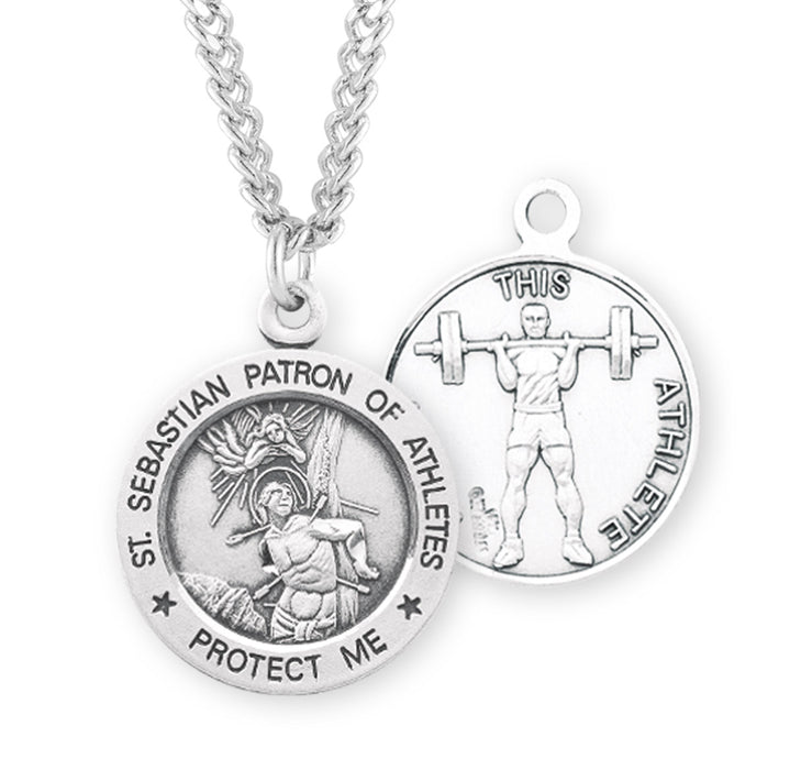 Saint Sebastian Round Sterling Silver weightlifting Male Athlete Medal - S905224