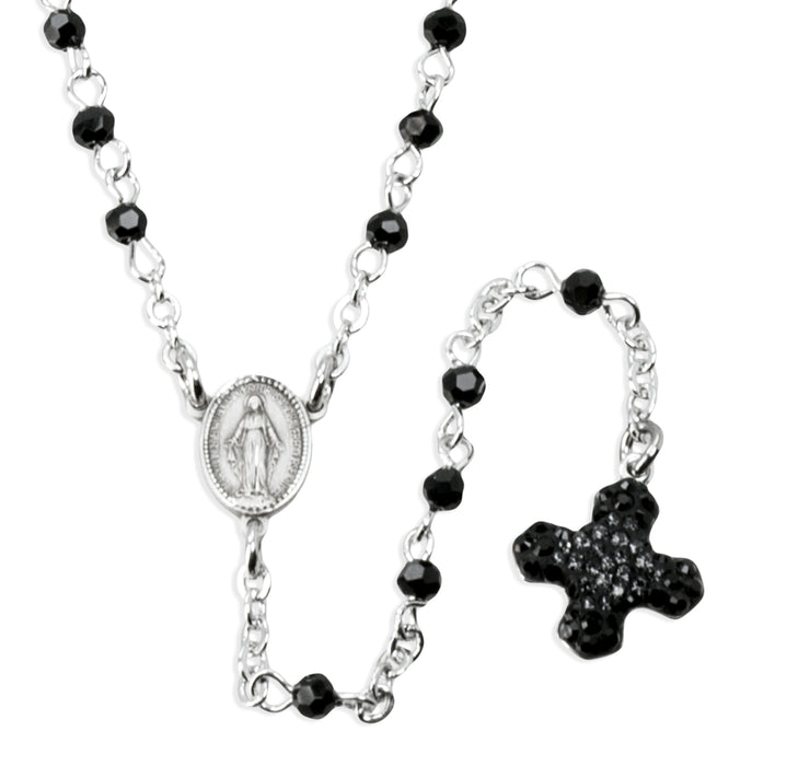 Black Crystal Bead Sterling Silver Rosary Necklace - SNR32005322JT