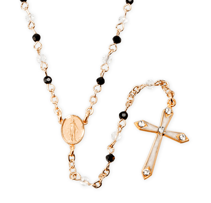 Black and Clear Crystal Bead Gold Over Sterling Silver Rosary Necklace - SNR3212G