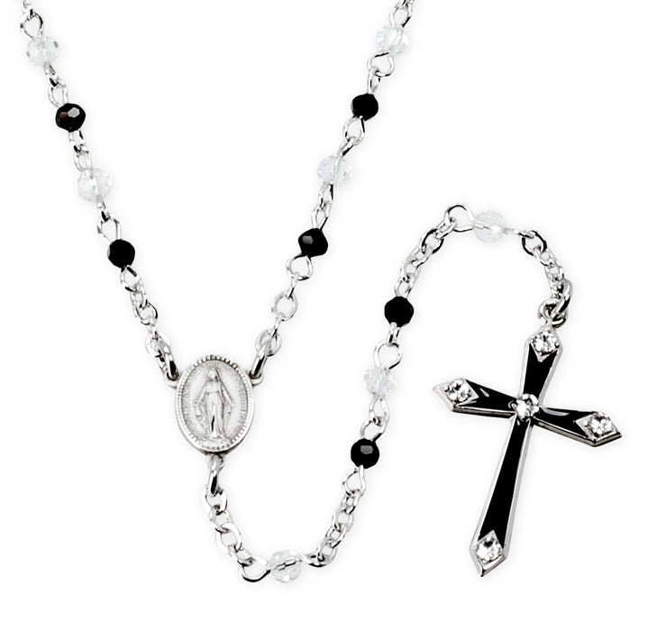 Black and Clear Crystal Bead Sterling Silver Rosary Necklace - SNR3212