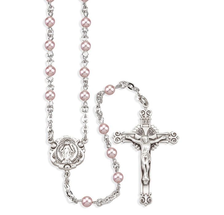 Rosary Sterling Crucifix and Centerpiece Created with finest Austrian Crystal 4mm Pearl Beads in Pink by HMH - SR1350PK