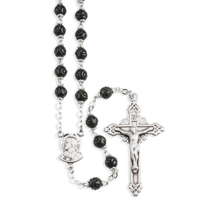 Black Carved Genuine Cocoa Bead Rosary Sterling Crucifix and Centerpiece - SR1515BK