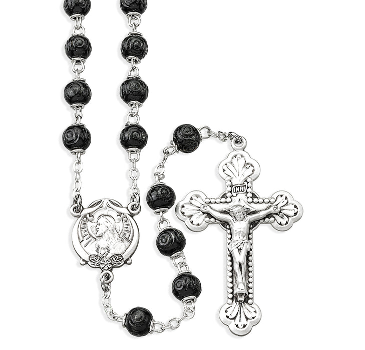 Black Carved Boxwood Bead Rosary Sterling Crucifix and Centerpiece - SR1950BK