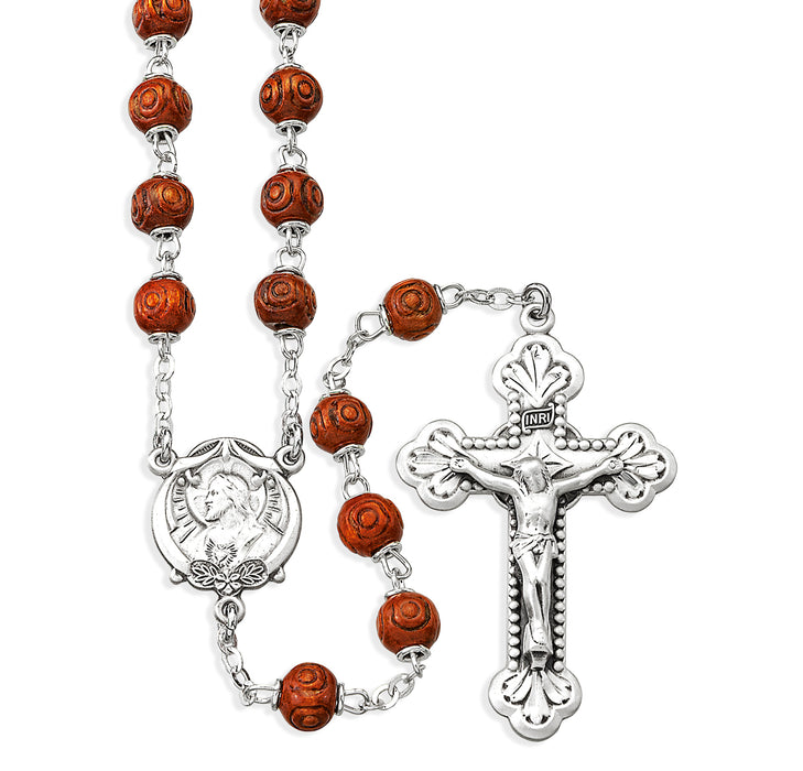 Brown Carved Boxwood Bead Rosary Sterling Crucifix and Centerpiece - SR1950BN