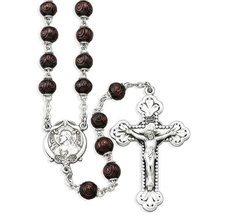 Maroon Carved boxwood Bead Rosary Sterling Crucifix and Centerpiece - SR1950MR