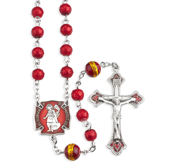 Sterling Silver Fireman St. Florian Rosary 6mm Red Lava Glass Beads - SR5070FR