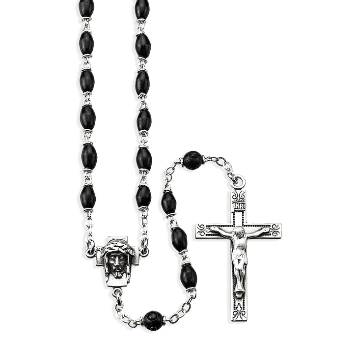 Black Oval Cocoa Bead Rosary Sterling Crucifix and Centerpiece - SR518BK