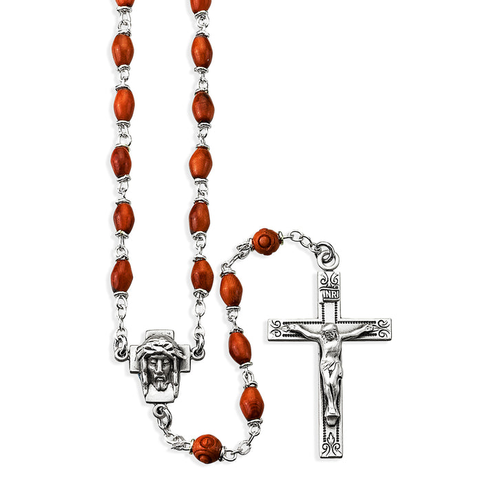 Brown Oval Cocoa Bead Rosary Sterling Crucifix and Centerpiece - SR518BN