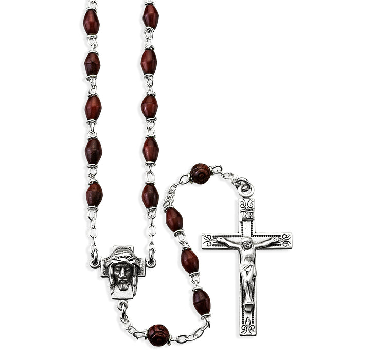 Maroon Oval Cocoa Bead Confirmation Rosary Sterling Crucifix and Centerpiece - SR518MR