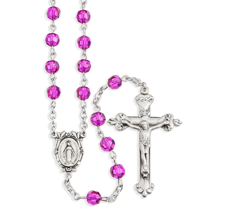 Rosary Sterling Crucifix and Centerpiece Created with finest Austrian Crystal 6mm Faceted Round Fuchsia Beads by HMH - SR560FA