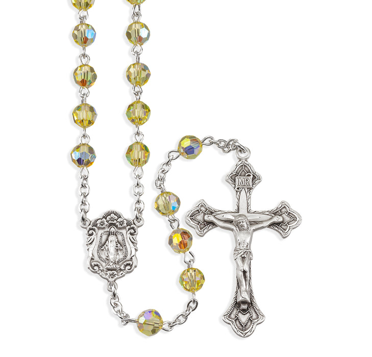 Rosary Sterling Crucifix and Centerpiece Created with finest Austrian Crystal 6mm Faceted Round Jonquil Beads by HMH - SR560JO