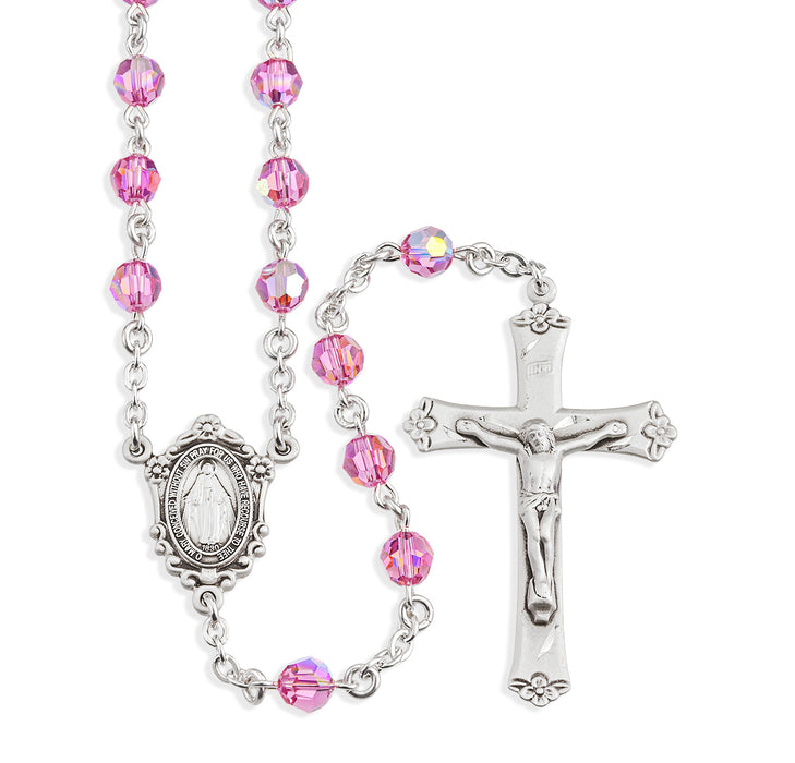 Rosary Sterling Crucifix and Centerpiece Created with finest Austrian Crystal 6mm Faceted Round Pink Beads by HMH - SR560PK