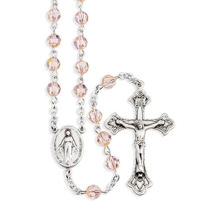 Rosary Sterling Crucifix and Centerpiece Created with finest Austrian Crystal 6mm Faceted Round Silk Beads by HMH - SR560SL